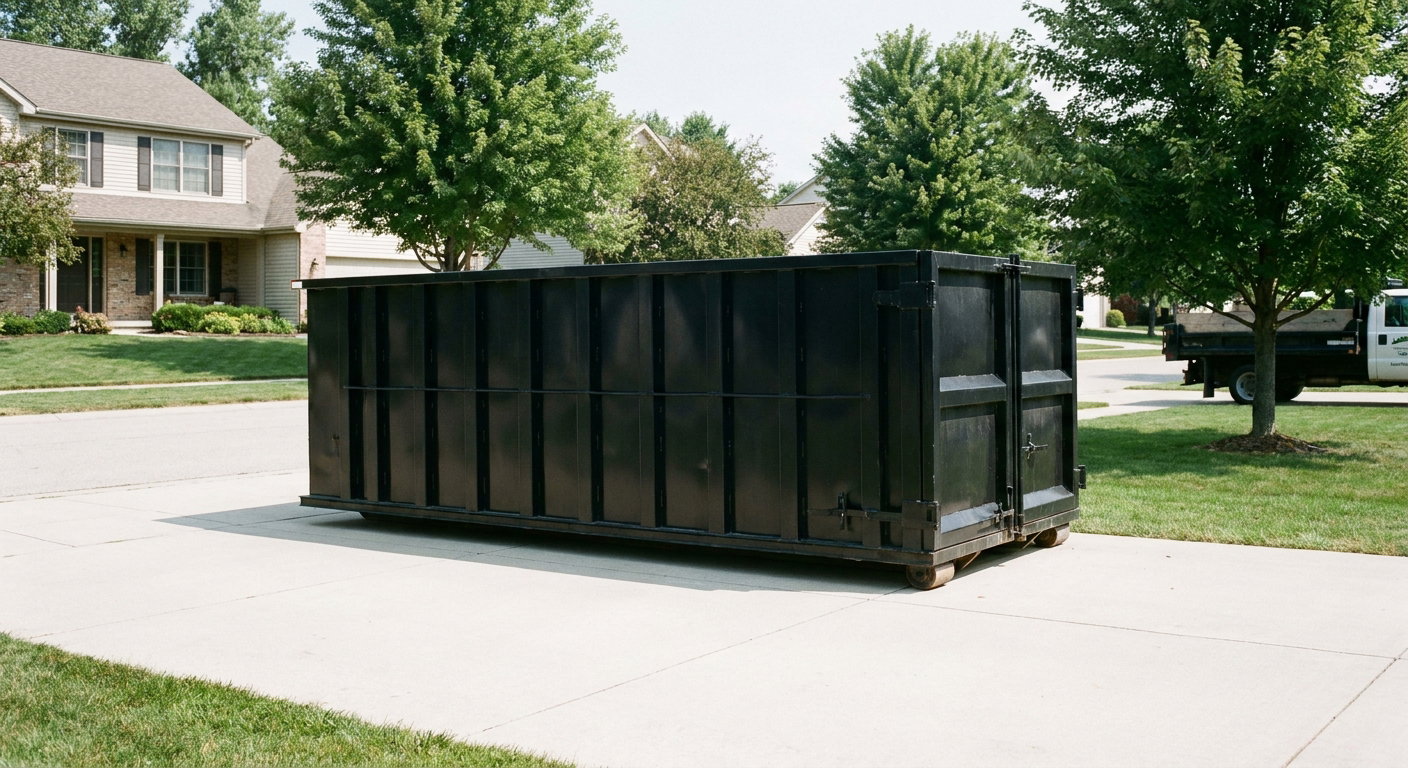 Matte-black 20-yard roll-off dumpster sitting level on a clean Grandview residential concrete driveway under bright daylight, demonstrating clean placement directly on the concrete.