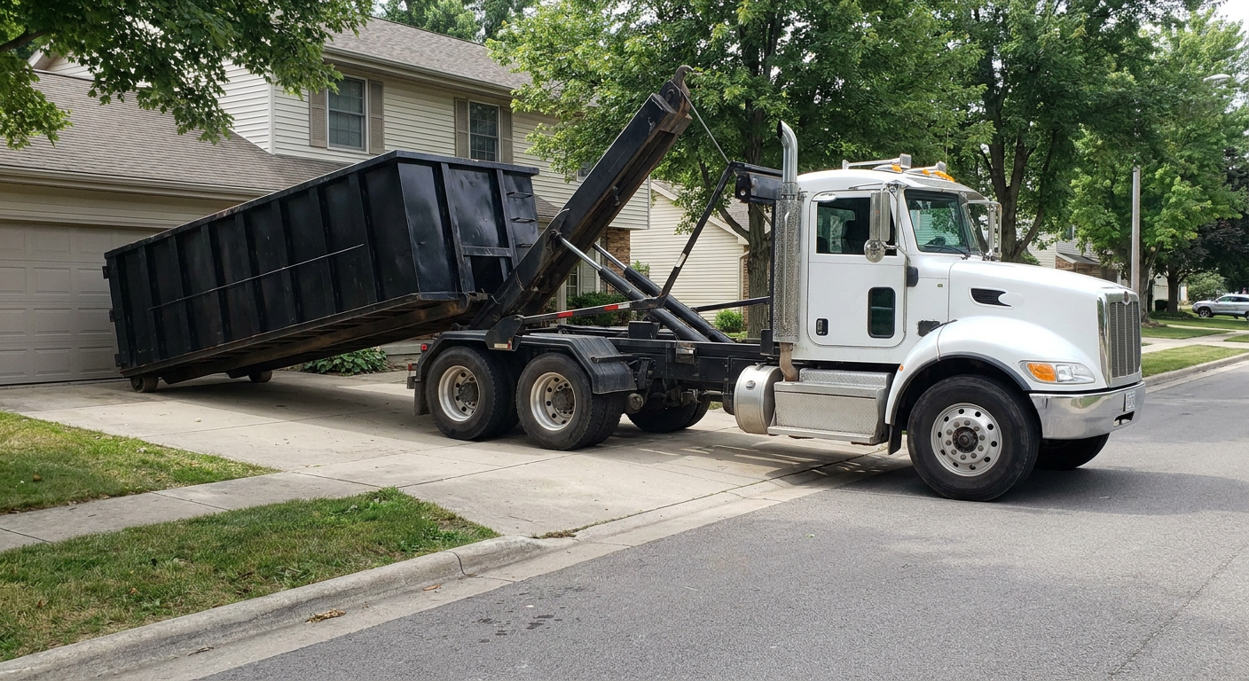 White-cab hooklift roll-off truck actively lowering a matte-black dumpster onto a Grandview residential concrete driveway, the dumpster's rear wheels touching the driveway as the hoist arm tilts the bed forward, mid-morning daylight.