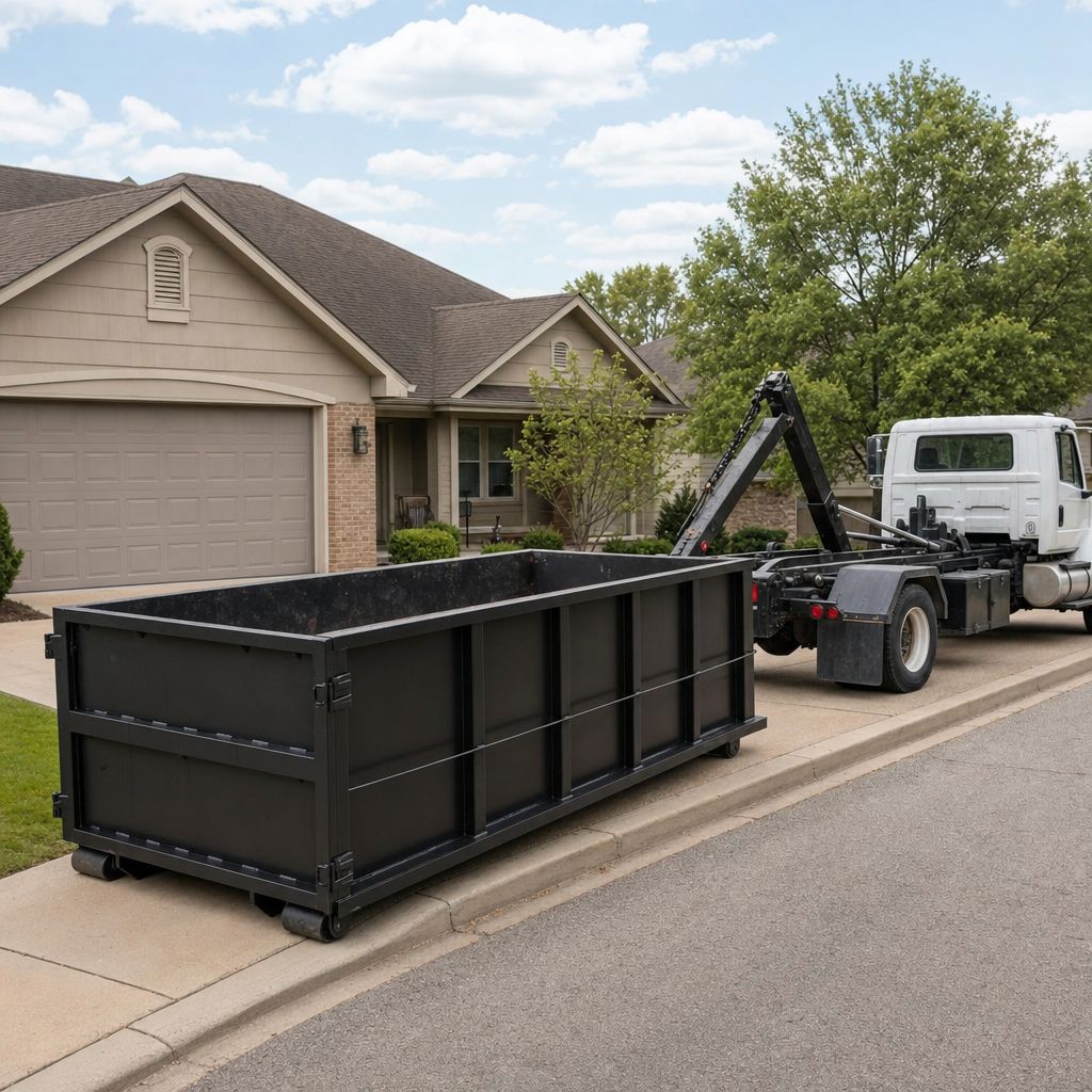 Wide documentary shot of a matte-black roll-off dumpster on a Grandview residential driveway in the foreground and a contractor jobsite container in the soft-focus background, bright daylight, calm and orderly composition.